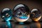 Shiny reflective marble with the cosmos. Sun, stars, planets and galaxies inside a glass globe orb bowling ball. Light mirror