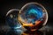 Shiny reflective marble with the cosmos. Sun, stars, planets and galaxies inside a glass globe orb bowling ball. Light mirror
