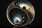 Shiny reflective marble with the cosmos. Sun, stars, planets galaxies inside a glass globe orb bowling ball. Light mirror sphere