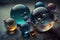 Shiny reflective marble with the cosmos. Sun, stars, planets and galaxies inside a glass globe orb bowling ball. Sphere in space.