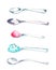 Shiny spoons watercolor illustration. Modern kitchenware metallic spoons clipart.