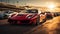 A shiny sports car races at sunset, reflecting success generated by AI