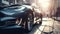 Shiny sports car reflects modern city life generated by AI