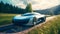 Shiny sports car speeds through forest landscape generated by AI