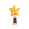Shiny star trophy on brown base. Golden grand prize for champion in flat design. Vector illustration