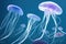 Shiny vibrant fluorescent jellyfish glow underwater dark neon dynamic pulsating ultraviolet blurred background. Fantasy