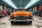 Shiny and well lit classic red car parked in a car museum.Shiny and well lit classic cars parked in a car museum