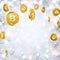 Shiny winter background with gold bitcoins.