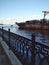 Ship barge Volga river embankment blue water sky summer nature photo