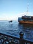 Ship barge Volga river embankment blue water sky summer nature photo