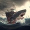 A ship being attacked by a shark. AI