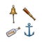 Ship bell, anchor, telescope, message in bottle