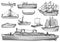 Ship, boat , collection, illustration, drawing, engraving, ink, line art, vector