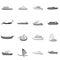 Ship and boat icons set, gray monochrome style
