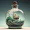 Ship in a bottle floating on an enormous wave. Generative AI