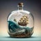 Ship in a bottle floating on an enormous wave. Generative AI