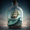 Ship in a bottle floating on an enormous wave. Generative AI