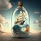 Ship in a bottle floating on an enormous wave. Generative AI