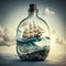 Ship in a bottle floating on an enormous wave. Generative AI