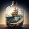 Ship in a bottle floating on an enormous wave. Generative AI