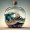 Ship in a bottle floating on an enormous wave. Generative AI