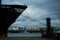 Ship bow on port Matosinhos with view on the city fishermans harbor on the background image.