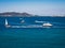 Ship, coastline and blue sky