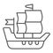 Ship of conquistadors thin line icon, Thanksgiving Day concept, Sailing Ship sign on white background, Galleons sailing