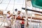 Ship crew on beautiful old sailboat Juan Sebastian de Elcano