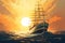 ship cruising in ocean with sun set background illustration ai generated