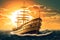 ship cruising on ocean sunset background ai generated
