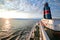 Ship deck, board view, ocean at sunset