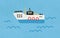 Ship floating in ocean water. Toy marine boat in doodle style. Side view of childish nautical vessel with lifebuoys