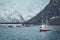 Ship in Hamnoy fishing village on Lofoten Islands, Norway