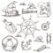 Ship and lifebuoy sea or marine symbols sketches world map and rudder wheel vector isolated compass and rope knots