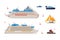 Ship with Mast and Sails and Passenger Cruise Liner Vector Set