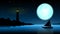 Ship in the night of full moon;blue ocean with lighthouse at mid