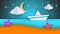 Ship, paper landscape, sea, cloud, star cartoon illustration.