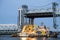 Ship passing under bascule bridge