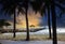 ship port piers on sea beach against beautiful dusky sky and coconut tree shadow