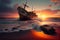 ship ran aground on a deserted beach, surrounded by waves and sunsets