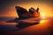 ship ran aground and half-sunken on a sandy beach in the sunset