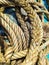 Ship ropes and blue wooden background of boat bottom. Art abstraction for poster.