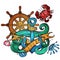 The ship\'s anchor, steering wheel and crab tattoo. Illustration for design t-shirts and other items