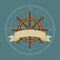 Ship`s wheel and vintage ribbon with rose of the wind and rope silhouettes. Naval vector illustration.