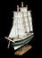 Ship Sailboat Wooden Model on a Black Background
