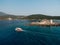 Ship sailes past the island of Otocic Gospa. Montenegro