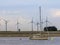 Ship sailing on the ocean of Sint annaland, Landscape with windmills, Zeeland, The Netherlands