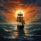 A ship sailing on the waves of the sea. Night, evening sunset glow. The picture is drawn