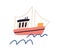 Ship with sails floating in sea or ocean. Fishing boat and waves of water drawn in Scandinavian style. Childish colored